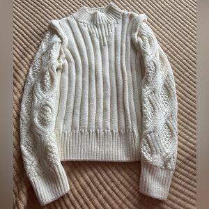 White Cable-Sleeve Mock Neck Sweater